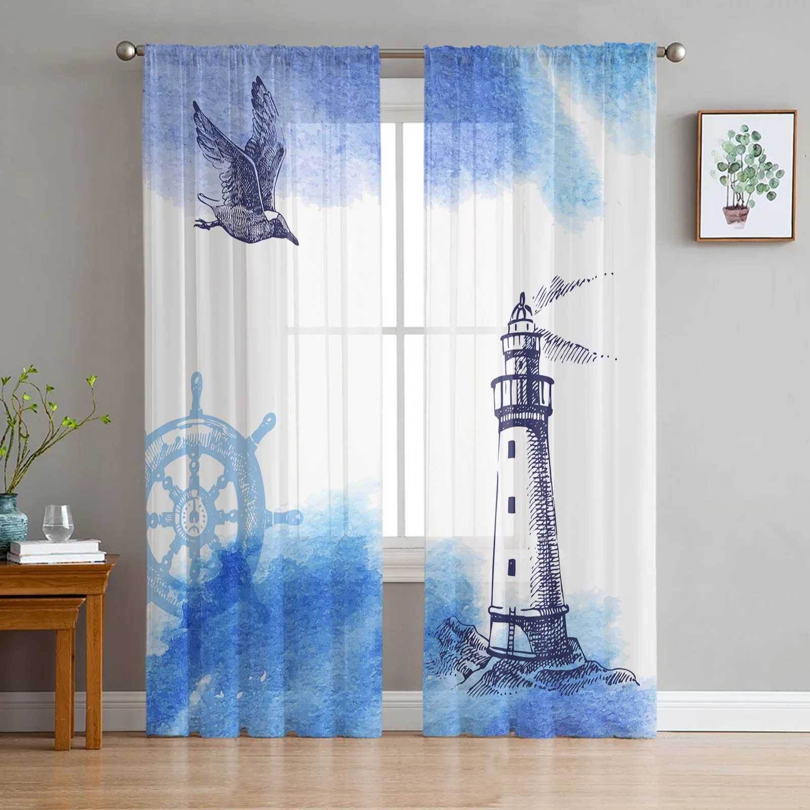 

Watercolor Lighthouse Sea Bird Rudder Tulle Sheer Curtains for Living Room Decor Window Curtain for Bedroom Voile Organza Drapes