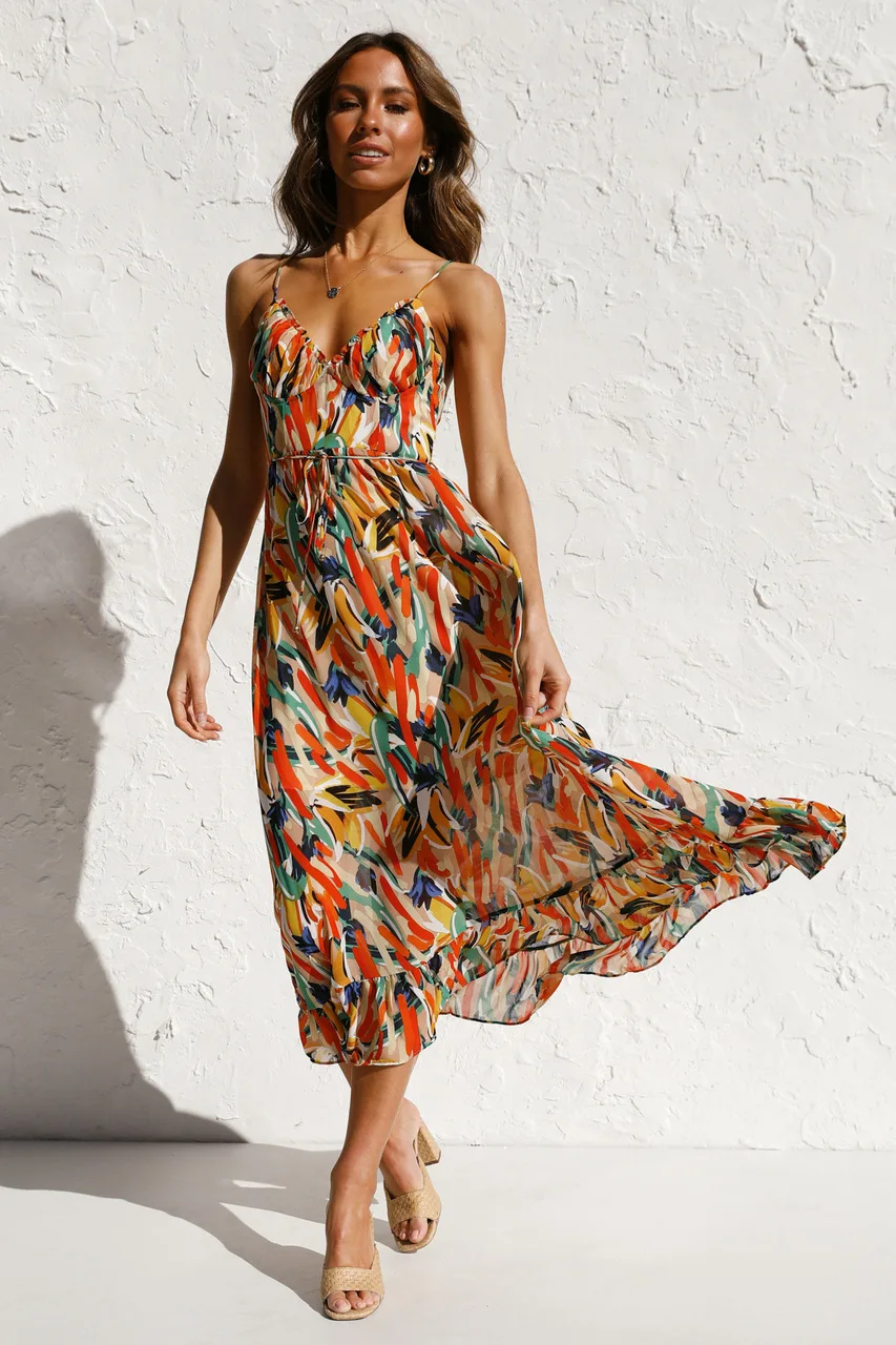 

2023 Summer Printed Dress For Women Sexy Spaghetti Strap Boho Beach Vacation Sundress V-neck Backless Dresses Femme Vestidos