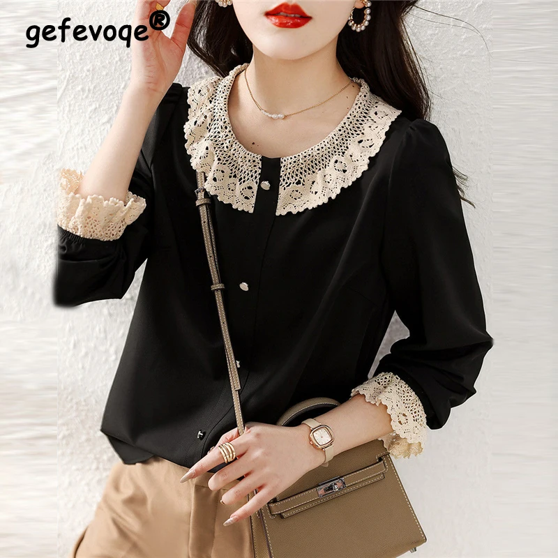 

Women's Clothing Vintage Lace Patchwork Elegant Blouse Korean Style Black Long Sleeve Shirt Casual Sweet Chic Tops Female Blusas
