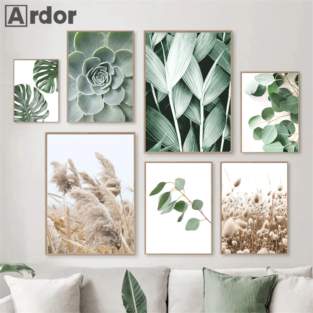 

Green Plants Botanical Canvas Painting Leaves Wall Art Print Beige Reed Poster Nordic Wall Pictures Living Room Bedroom Decor