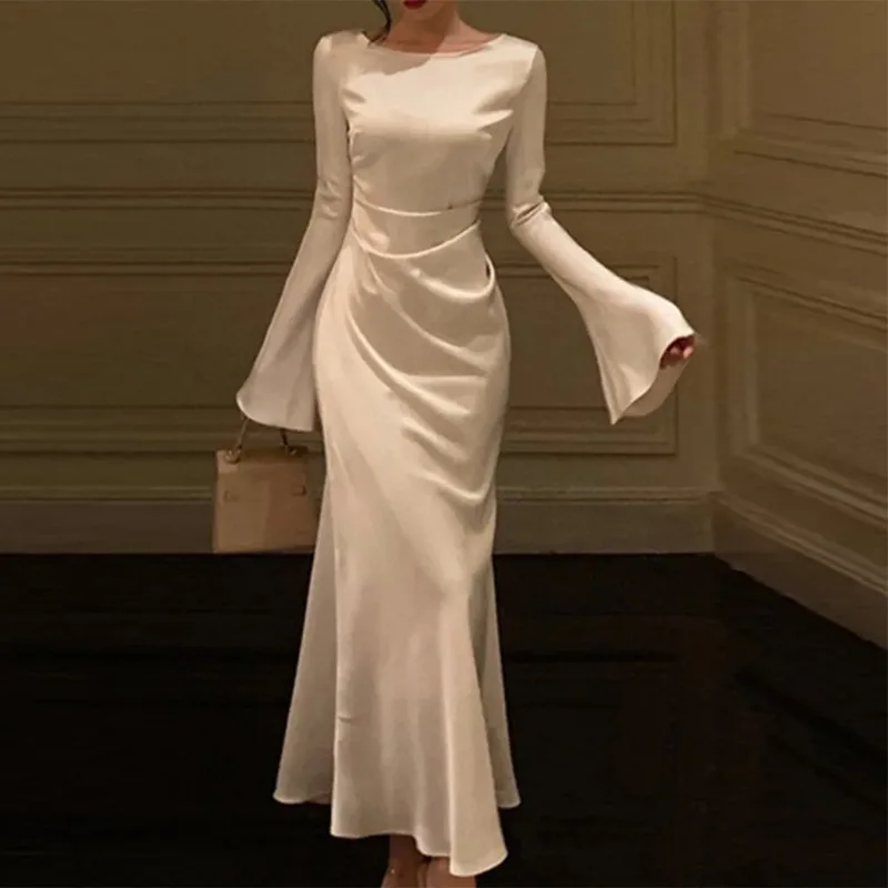 

2024 Summer New Women's Solid Color Round Neck Long Sleeved Waist Wrapped Elegant Dress