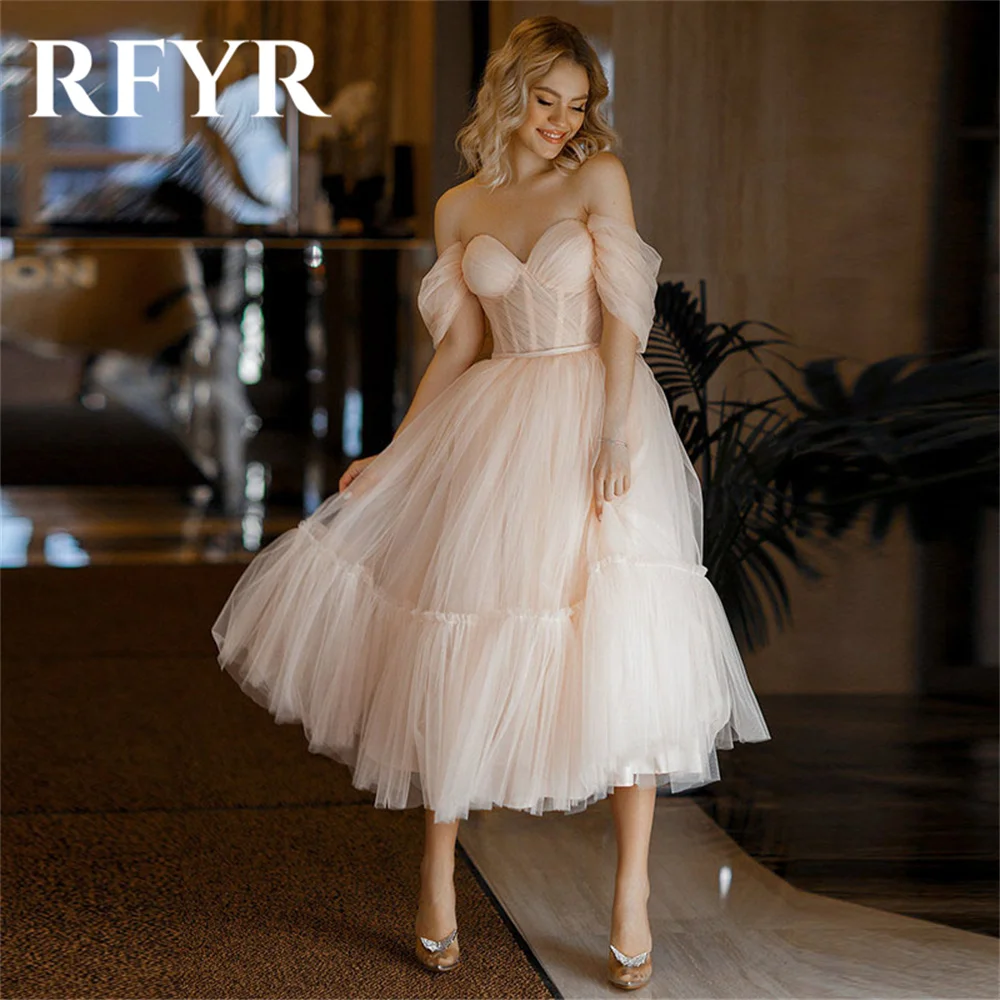 

RFYR Pink Short Evening Gown Elegant Off the Shoulder Prom Dress A Line Pleat Sweetheart Wedding Evening Dress robes de soirée