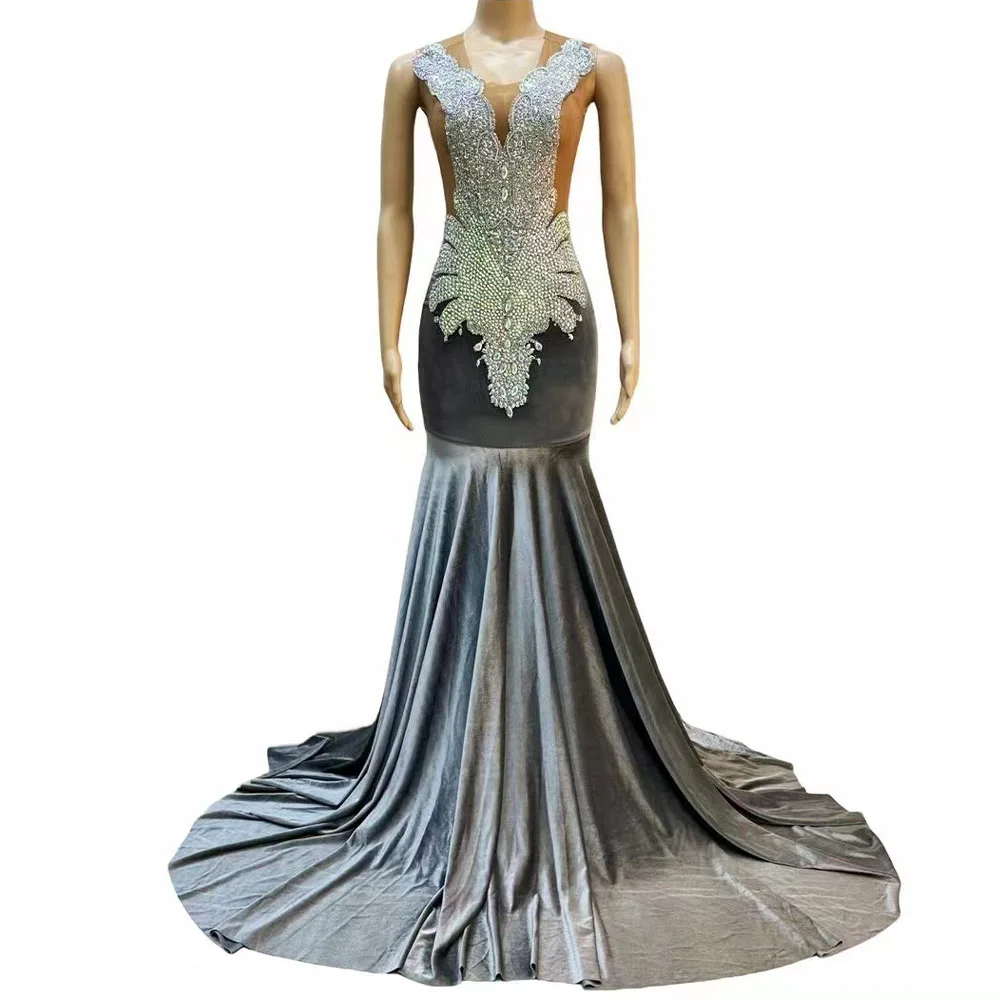 

Sexy Stage Luxurious Gray Silver Rhinestones Big Train Dress Evening Birthday Celebrate Costume Sexy Sleeveless Photoshoot Dress