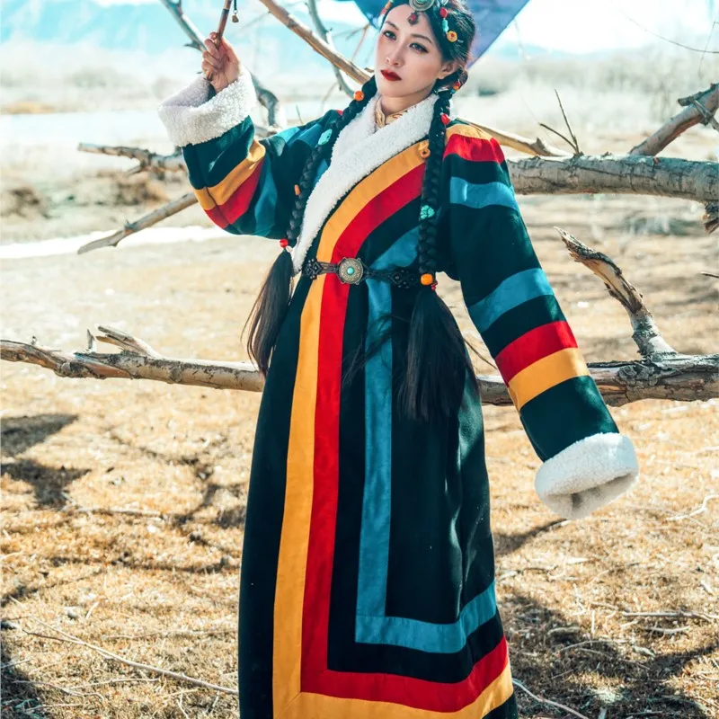 

Colorful Striped Tibetan Clothing Robe Double-Faced Woolen Goods Ethnic Style Black Tibet Tourism