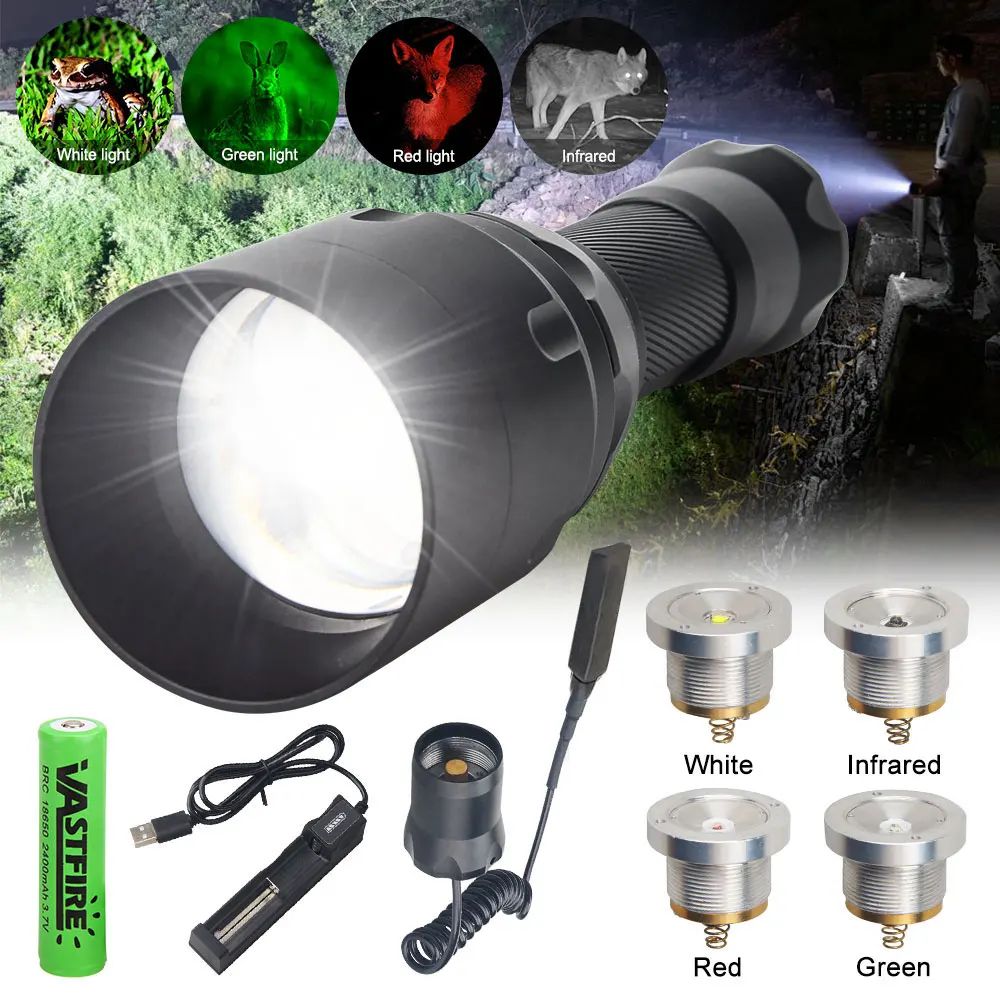 

Zoomable Hunting Flashlight 1 Mode Torch Lintern White/XPE Green/IR LED Tactical Flashlights+Presure Switch+18650+Charger