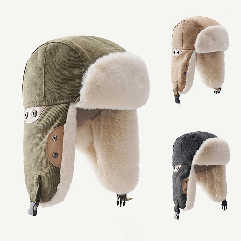

Winter Earflap Bomber Hats Cotton Lamb Hair Ear Protectors Russian Hat Plush Thicken Windproof Mountaineering Ski Snow Pilot Cap
