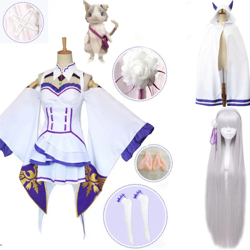 

Re Zero Kara Hajimeru Isekai Cube Cosplay Seikatsu Emilia Gaun Wanita Hiasan untuk Halloween Хэллоуин