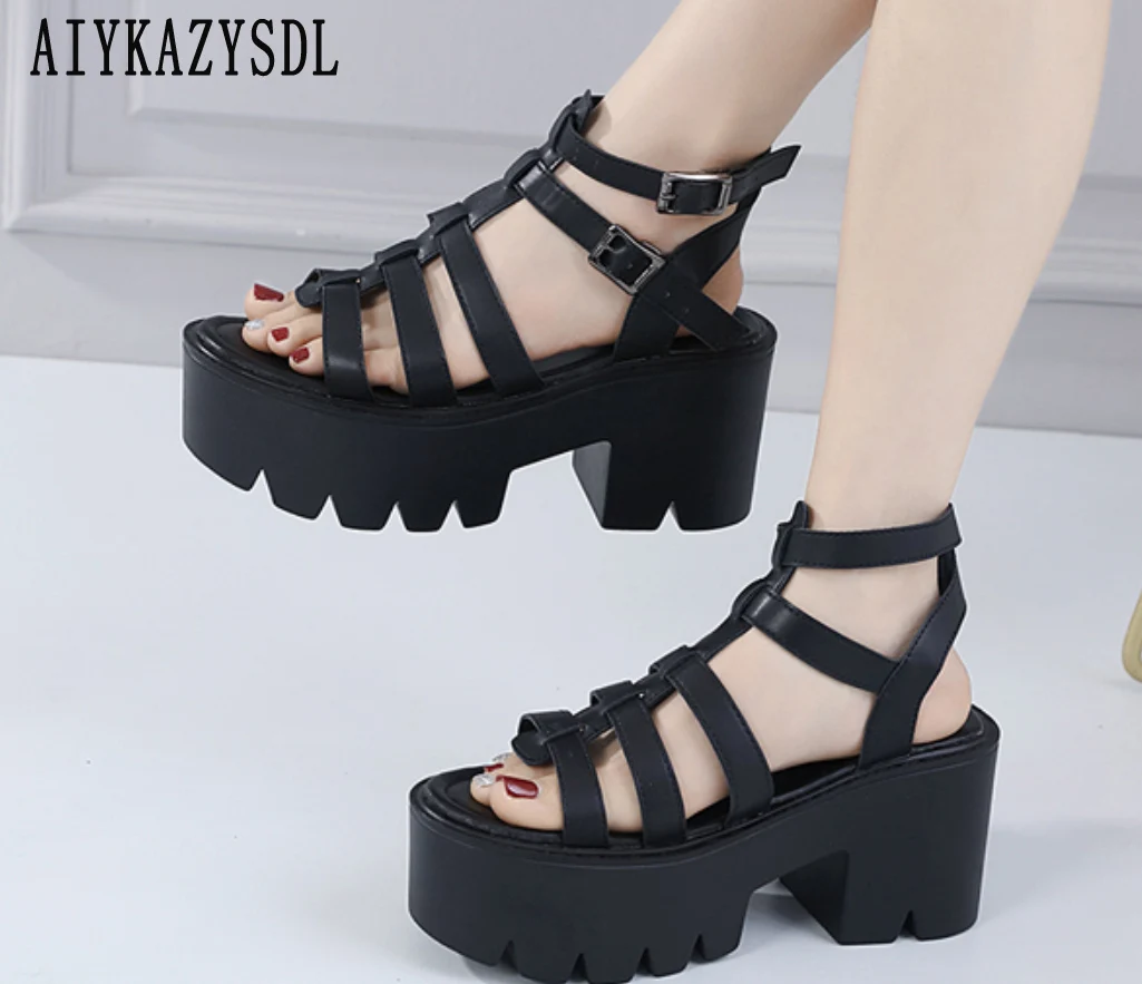 

AIYKAZYSDL Rome Gladiator Sandals Thick Sole Bottom Platform Chunky Block High Heel Creepers Strappy Shoes Pumps Sandals Women