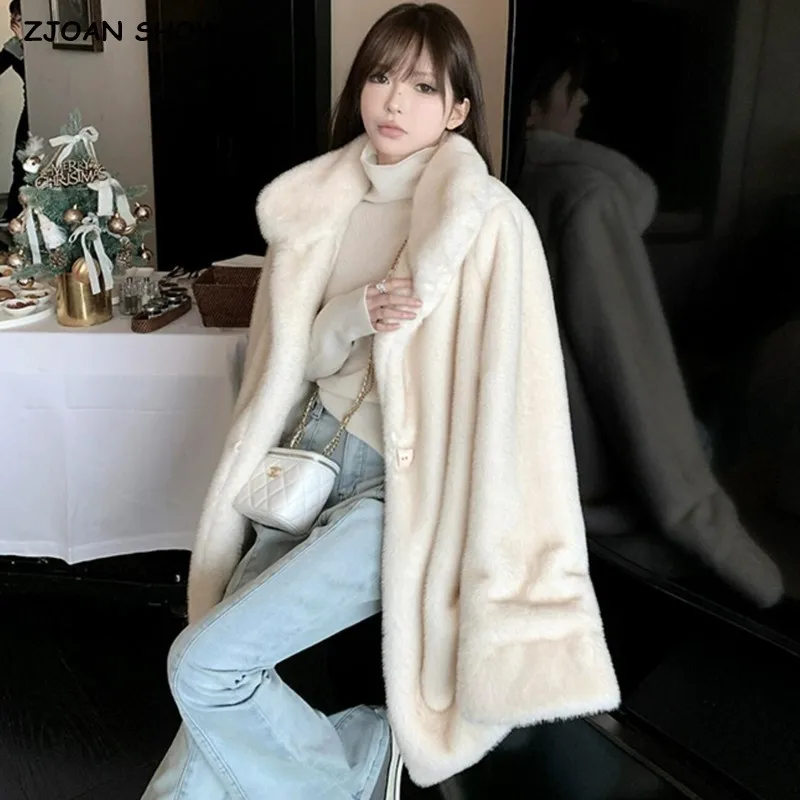 

Women Winter White with black tips Mink Hairy Shaggy Faux Fur Coat Horn Button Extra Long Sleeve Furry Jacket Midi Outerwear