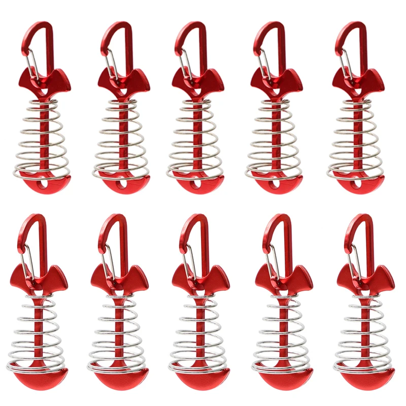 

10PCS Red Deck Anchor Pegs Windproof Aluminum Deck Tie Down Spring Tent Stakes, Camping Outdoor Fishbone Tent Anchors