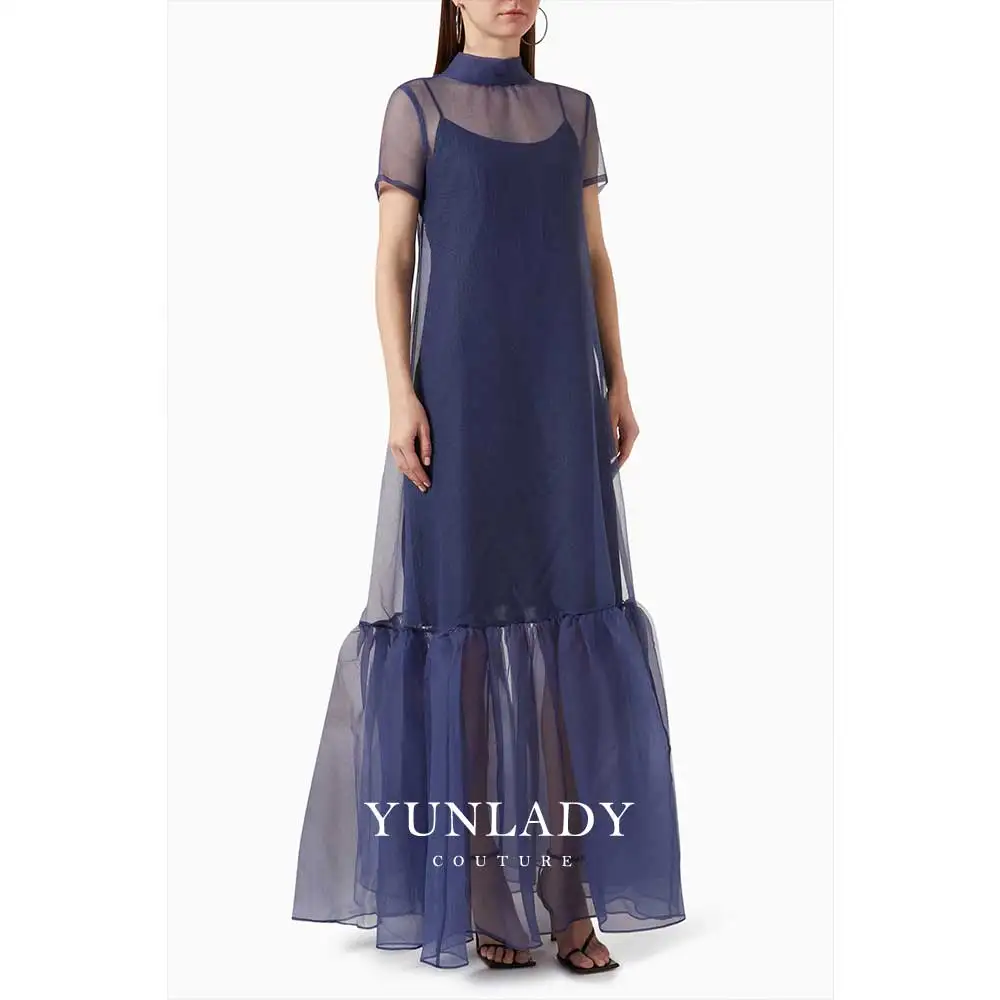 

YUNLAN Gorgeous Dubai Mommy Wear Navy Blue Formal Evening Dress 2024 Saudi Wedding Guest Elegant Ruffled Organza Party Dress