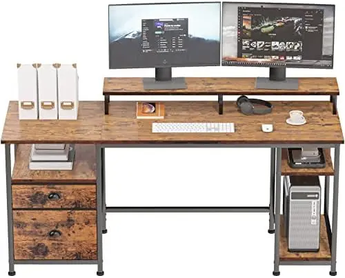 

Стол с полками и выдвижными ящиками, длинный рабочий стол 61 дюйм с тканевым ящиком для файлов, промышленный письменный стол с большой подставкой для монитора, для кабинета L s
