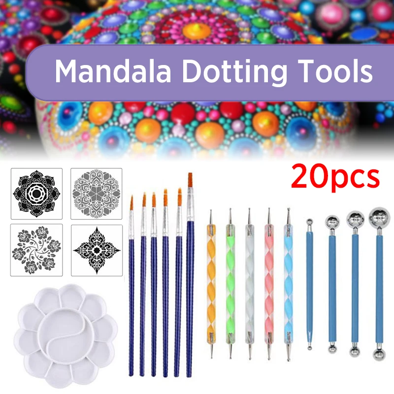 

20pcs DIY Stone Mandala Dotting Tools for Painting Rock Stone Pen Embossing Starter Drawing Stencil Template Brush Tray Kit