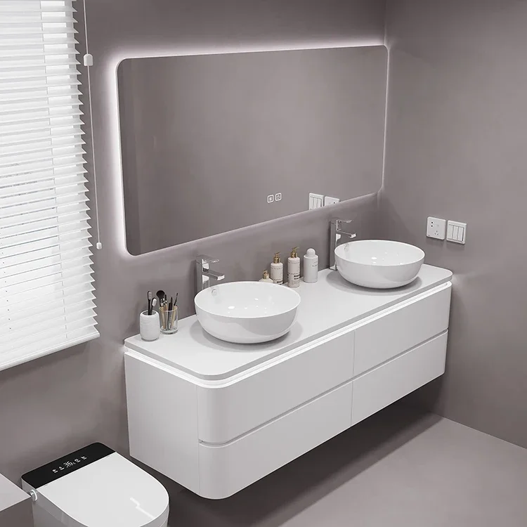 

2024 High-end European Style Modern Floating Bathroom Top Double Sink Bathroom Vanity Cabinet Sets With Sink