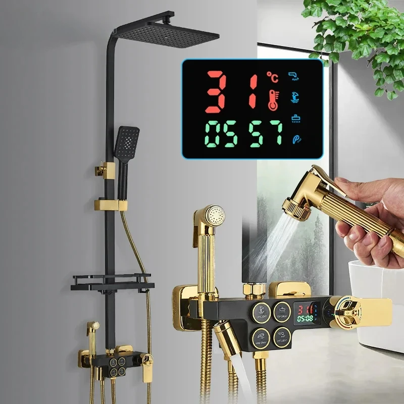 

Black Gold Digital Thermostatic Shower Faucet Button Control Smart Shower Faucet Rainfall Bathtub Mixer Set Bathroom Bidet Tap