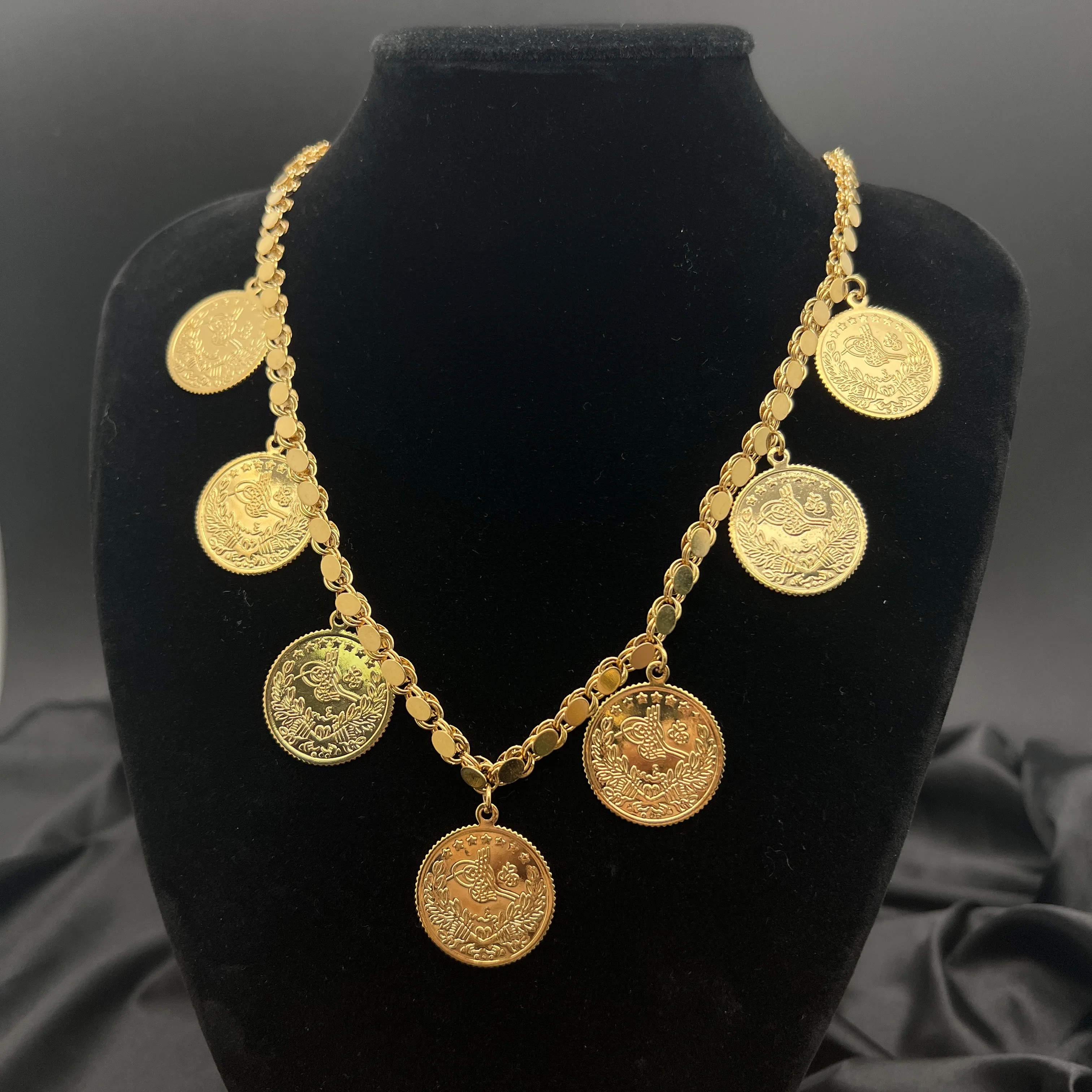 

MANDI Factory Price New Three Size Coins Pendant Necklace for Women Turkish Arab Popular Gold Plated 60cm Handmade Chains