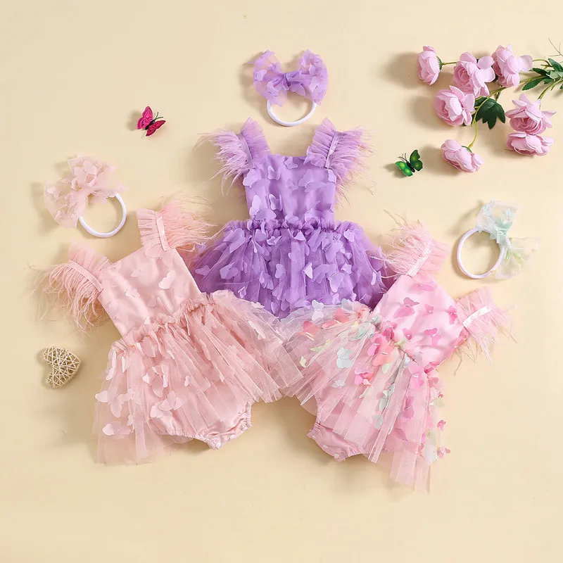 

Baby Girls Rompers Dress Feather Fly Sleeve 3D Butterfly Mesh Tulle Skirt Hem Infant Bodysuits Summer Clothes with Headband