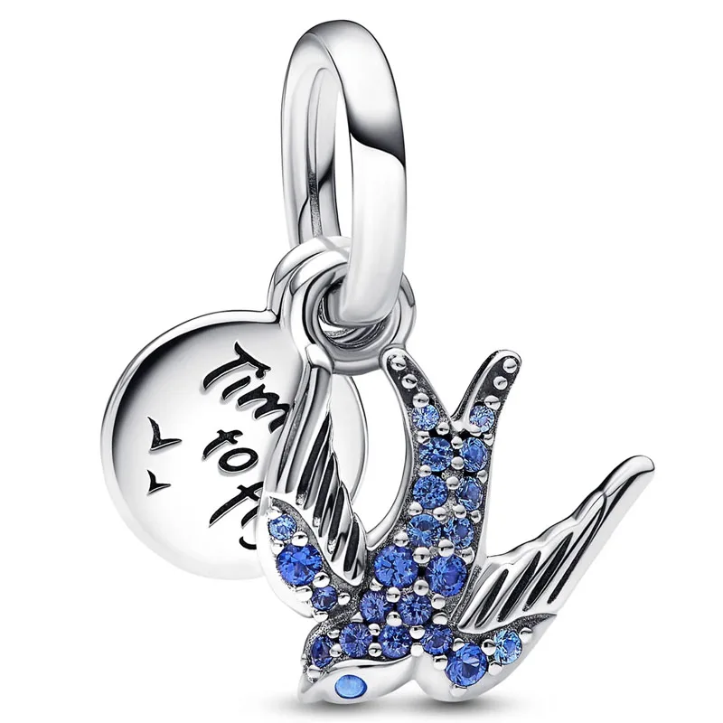 

Sparkling Swallow & Quote With Blue Crystal Double Pendant Beads Fit Europe 925 Sterling Silver Charm Bracelet Diy Jewelry
