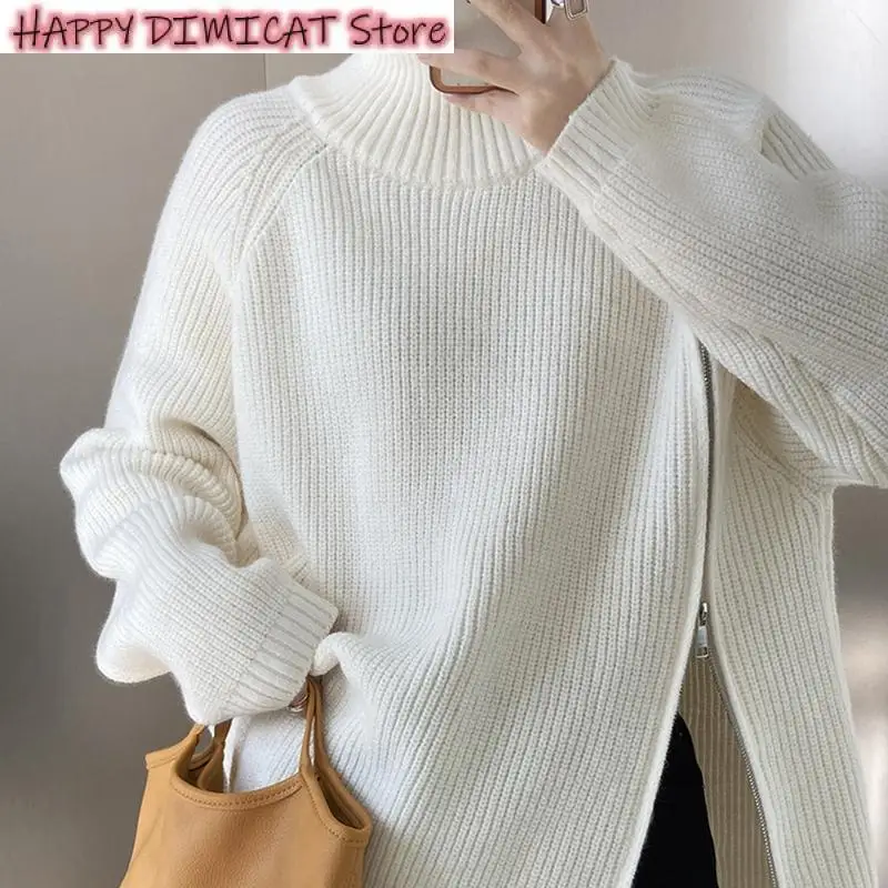 

Woman Jumper Top Zippers Slit Turtleneck Knitted Woman Pullover Long Sleeve Losse Office Sweater Clothes Autumn Winter Design