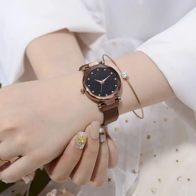 

Fashion Women Watches Mesh Ladies Elegant Clock Magnet Buckle Starry Diamond Geometric Surface Casual Ladies Quartz Wristwatch