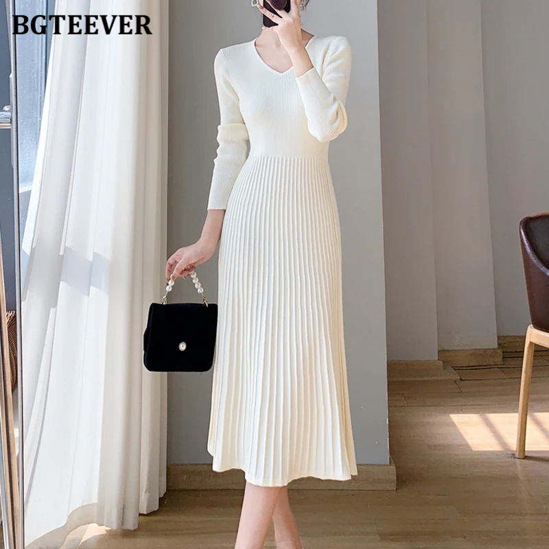 BGTEEVER Chic Elegant V-neck Slim Waist Female Pullovers Sweaters Dress Long Sleeve Ladies Knitted A-line Dress Autumn Winter
BGTEEVER Chic Elegant V-neck Slim Waist Female Pullovers Sweaters Dress Long Sleeve Ladies Knitted A-line Dress Autumn Winter