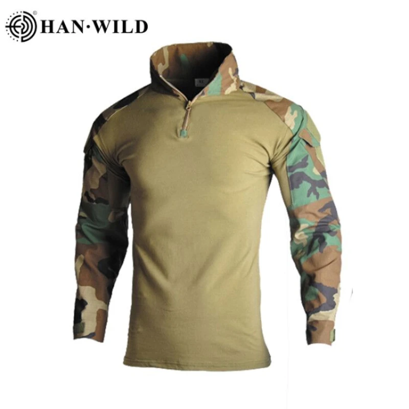 

HAN WILD Combat Shirt with Pads Long Sleeve Military Men Tactical Multicam Camo Shirts Airsoft Hiking Hunting Tops Clothes