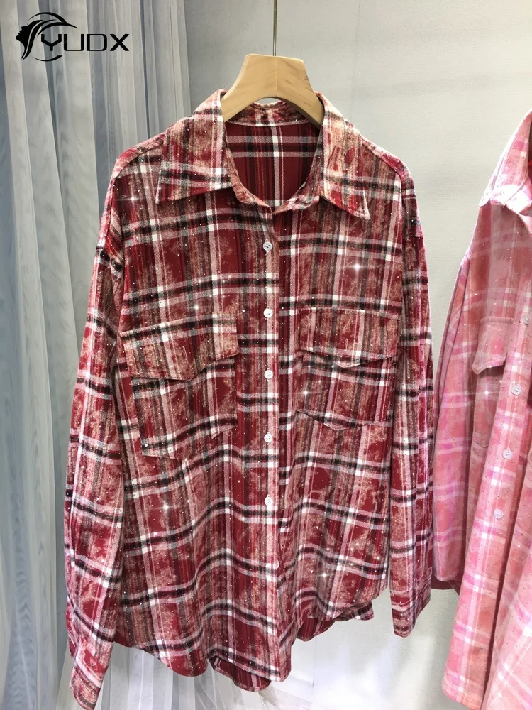 

YUDX New Spring Hot Drilling Classic Plaid Female Blouses Single-breasted Loose Mid-long Cardigans Top Casual Long Sleeve Shirts
