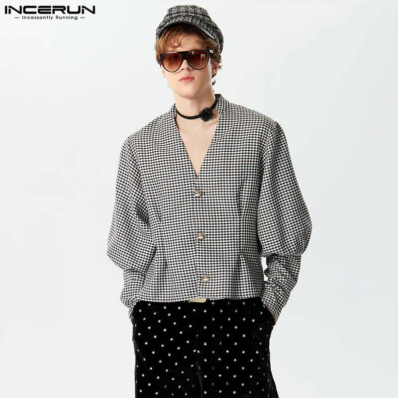 

INCERUN Tops 2024 American Style Men's Bishop Sleeve V-neck Plaid Shirts Casual Streetwear Hot Selling Long Sleeved Blouse S-5XL