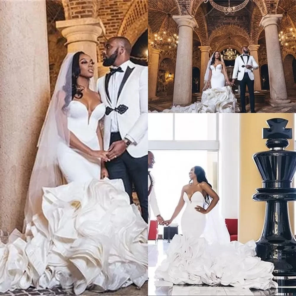 Sweetheart Mermaid Wedding Dresses Bridal Gowns Cascading Ruffles Tiered Cathedral Train Plus Size African Nigerian Fishtail
Sweetheart Mermaid Wedding Dresses Bridal Gowns Cascading Ruffles Tiered Cathedral Train Plus Size African Nigerian Fishtail