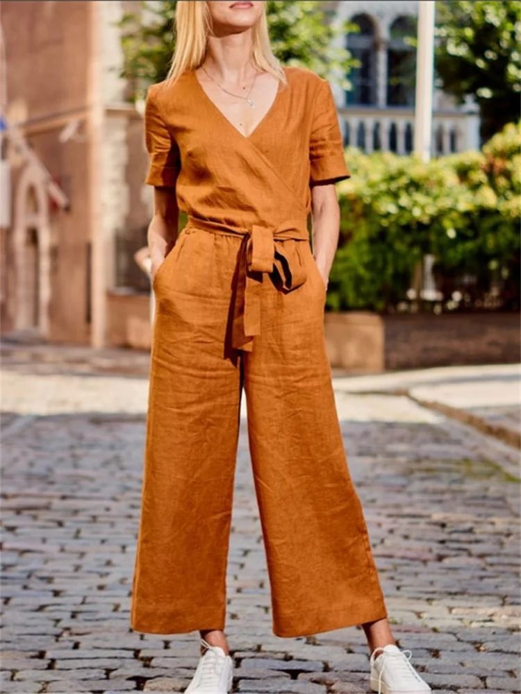 Spring Summer 2023 New Fashion Women's Bodysuit Casual Short Sleeve Solid V-Neck Loose Lace Up Bodysuit Wide Leg Pants for Women
Spring Summer 2023 New Fashion Women's Bodysuit Casual Short Sleeve Solid V-Neck Loose Lace Up Bodysuit Wide Leg Pants for Women