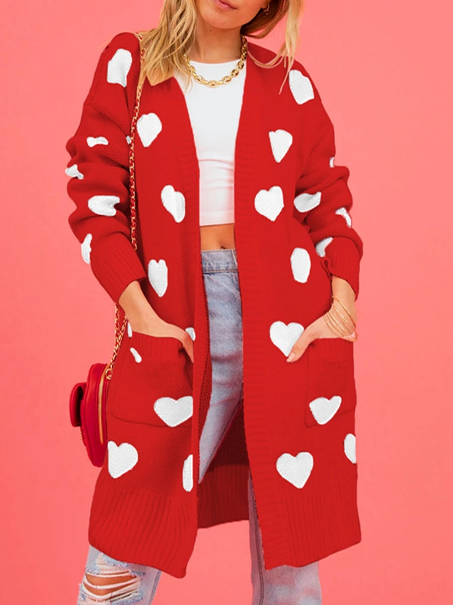 

New Women Open Front Duster Sweaters Casual Heart Print Knitted Cardigans With Pockets Warm Fall Knitwear For Streetwear S-XL