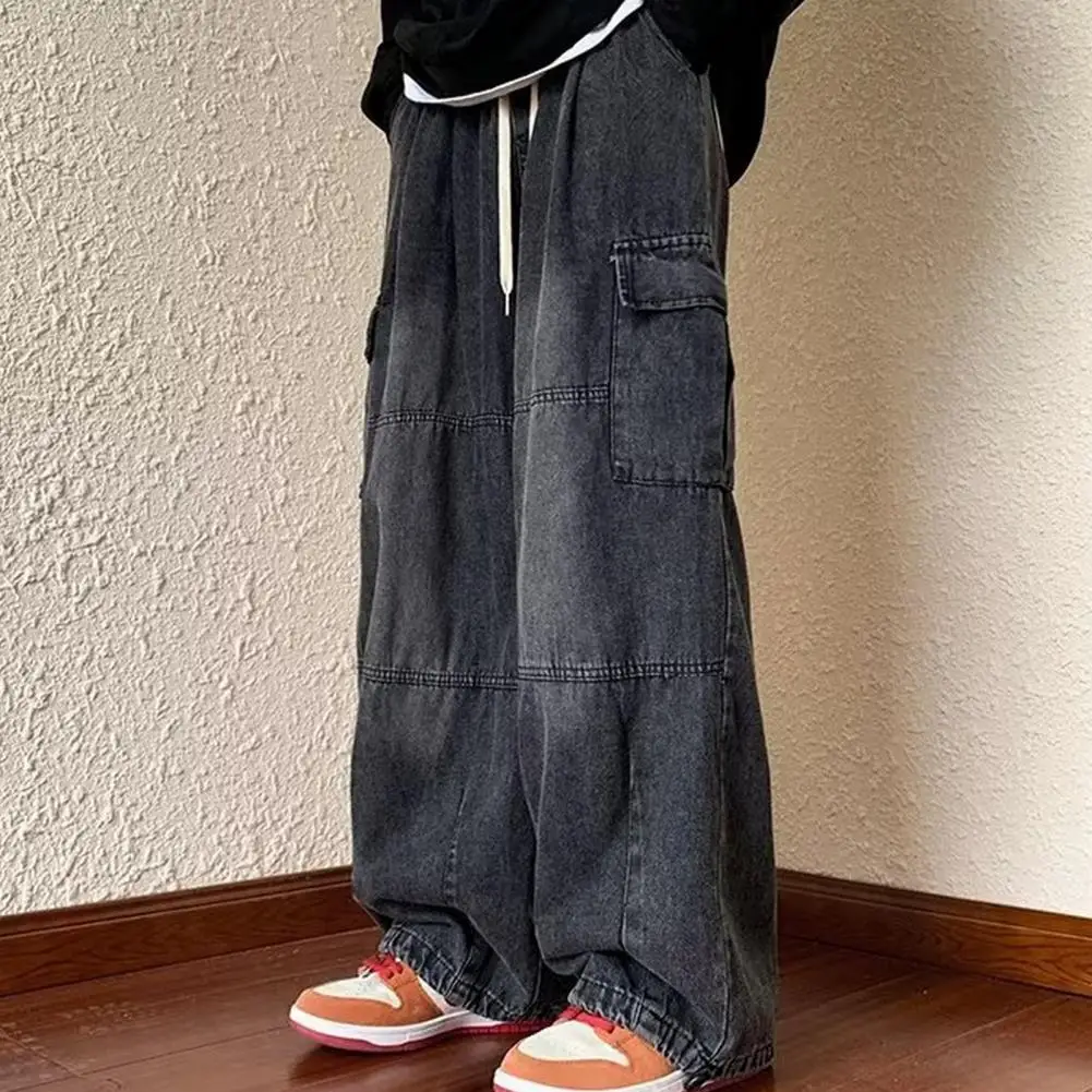 

Drawstring Pants Baggy Denim Cargo Pants with Elastic Waist Multiple Pockets for Men Oversized Wide Leg Trousers Solid Color