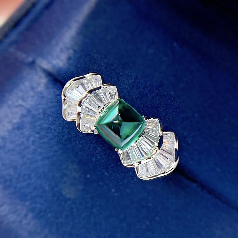 

925 Silver Plated Gold Ring for Women in Europe and America Luxury Ins Sugar Cultivated Grandmother Emerald Ring