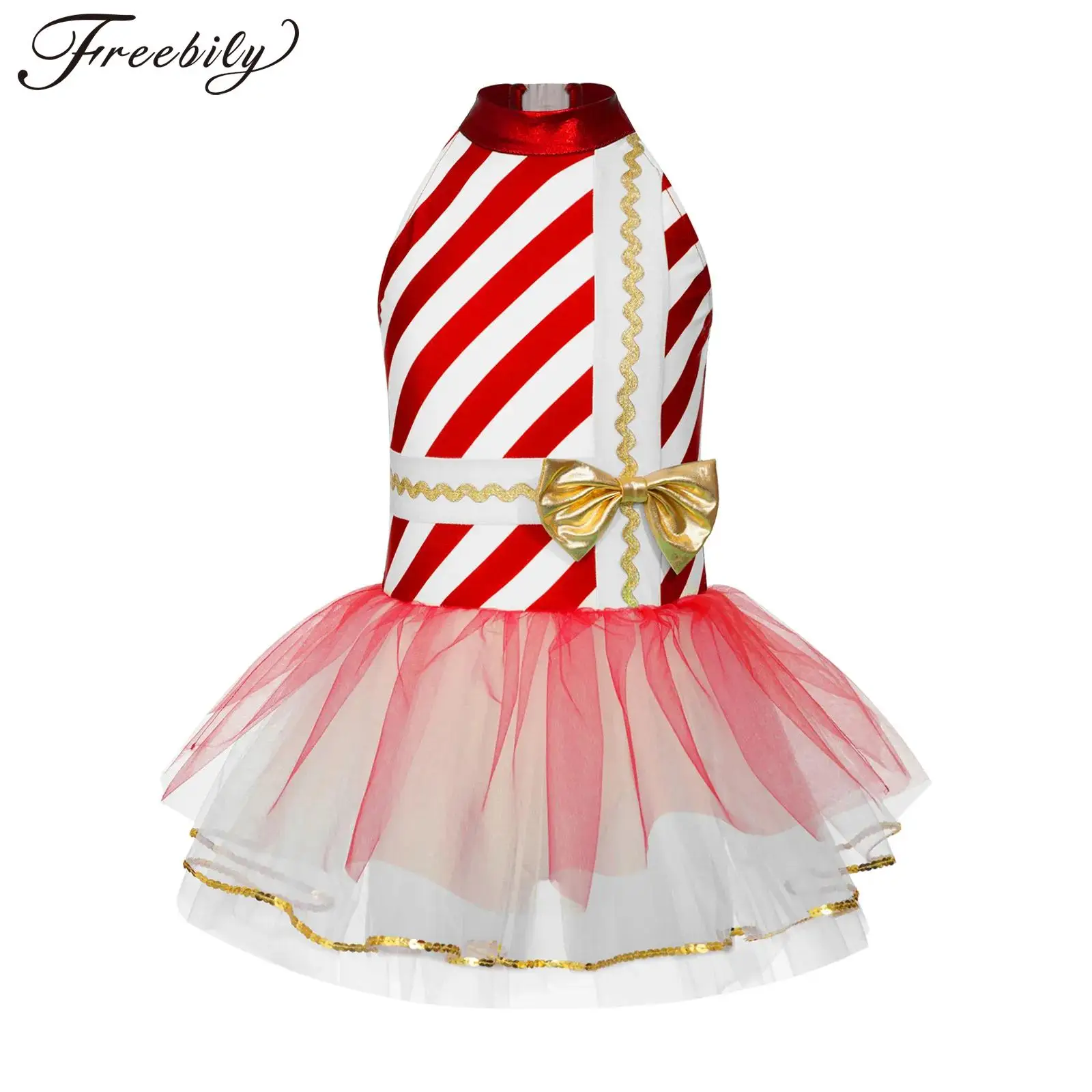 

Kids Girls Candy Cane Striped Christmas Dance Costume Xmas Santa Dress Ballet Tutu Leotard Party Cosplay Performance Dancewear