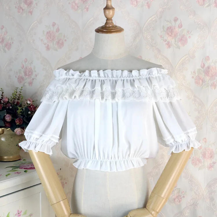 

Women Lolita Chiffon Crop Top Puff Half Sleeve Blouse Sweet Frilly Ruffled Lace Off Shoulder Bottoming Shirts