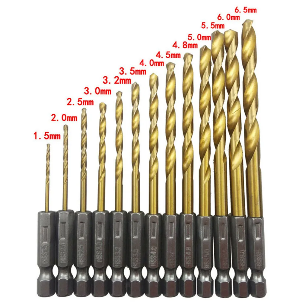 

13pcs/lot HSS High Speed Steel Titanium Coated Drill Bit Set 1/4 Hex Shank 1.5-6.5mm For Power Tool Accessories