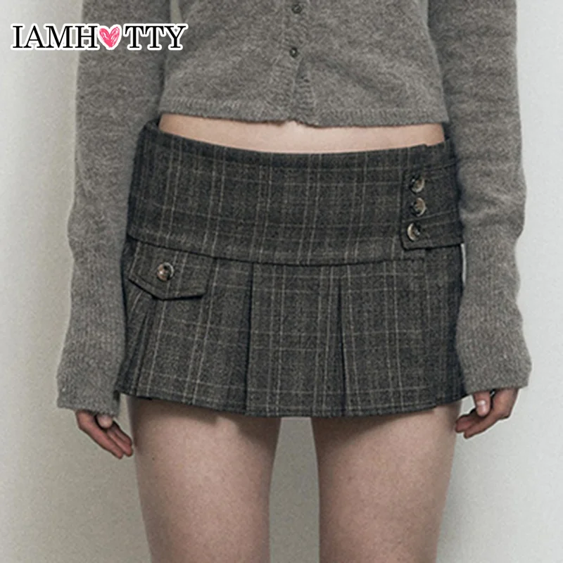 

IAMHOTTY Vintage Plaid Print Buttons Irregular Hem Pleated Skirt Khaki Grey Preppy Style Sweet High Waist Mini Skirts Korean