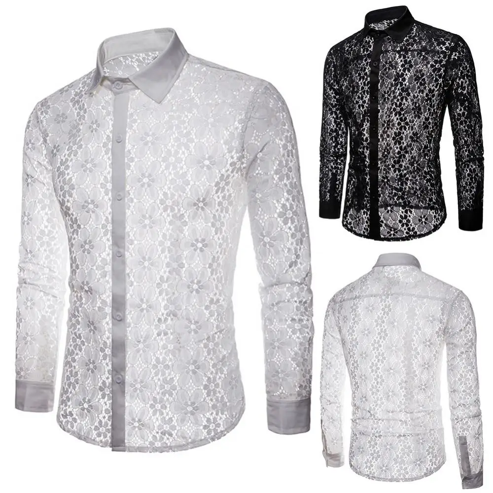 

Long Sleeve Solid Color Shirt Buttons Men Sexy Lace See Through Clubwear Down Shirt