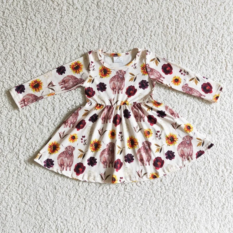 

New Fashion Cute Fall Baby Girls Alpine Cow Sunflower Long Sleeve Dress Wholesale Boutique Children Kids Skirt