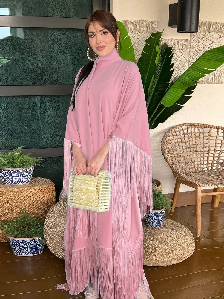

Eid Ramadan Muslim Abayas for Women Dress Silky Satin Tassel Saudi Lantern Sleeve Abayas Shawl Outfits Jalabiya Dubai Caftan