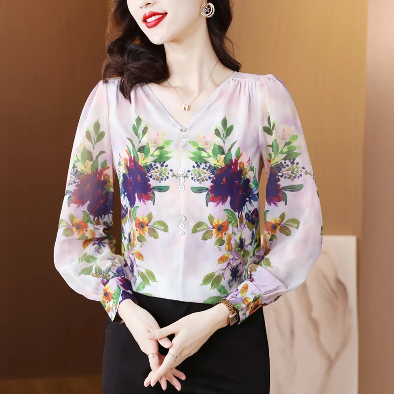 

Женская шифоновая рубашка с цветочным принтом, Осенний модный темпераментный свободный хипстерский Универсальный пуловер во французском стиле с V-образным вырезом и длинным рукавом