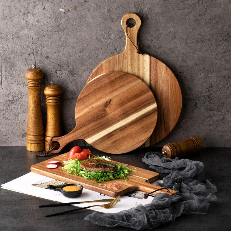 

Acacia Wood Cutting Board with Handle,Round Pizza Paddle Serving Chopping Block,Cheese Fruit Vegetables Bread Charcuterie Holder