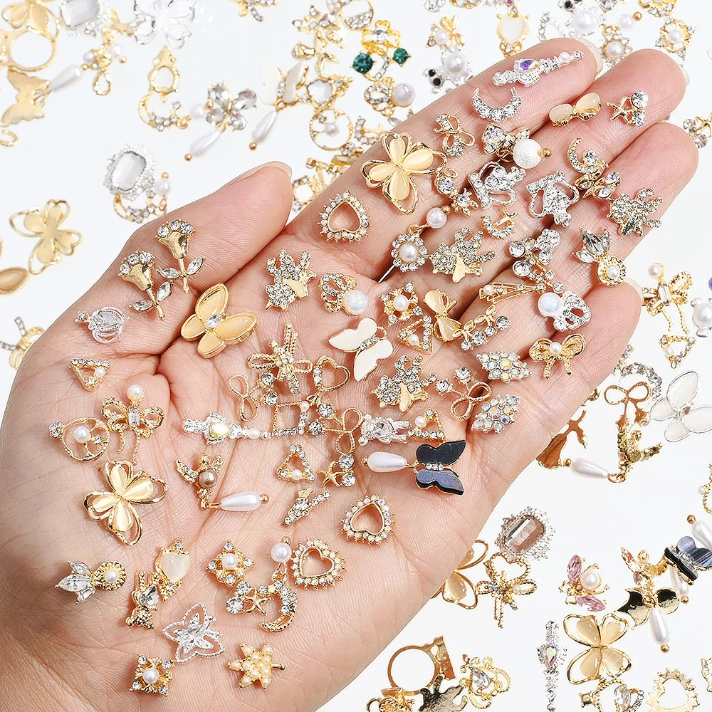 

50pcs Nail Art Alloy 3D Charm Random Design Luxury Alloy Crystal Jewelry Rhinestones/Pearl Flat Back Gold/silver Nail Accessorie