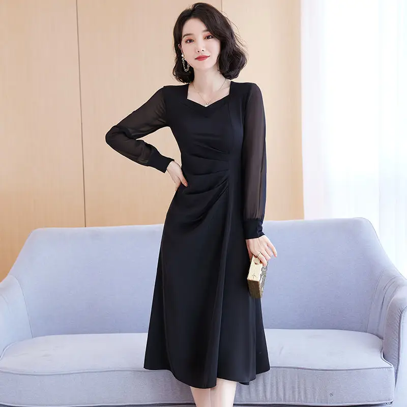

Elegant V-Neck Spliced Gauze Solid Color Folds Midi Dress Women's Clothing 2024 Spring New Loose Office Lady Ladies Dresses