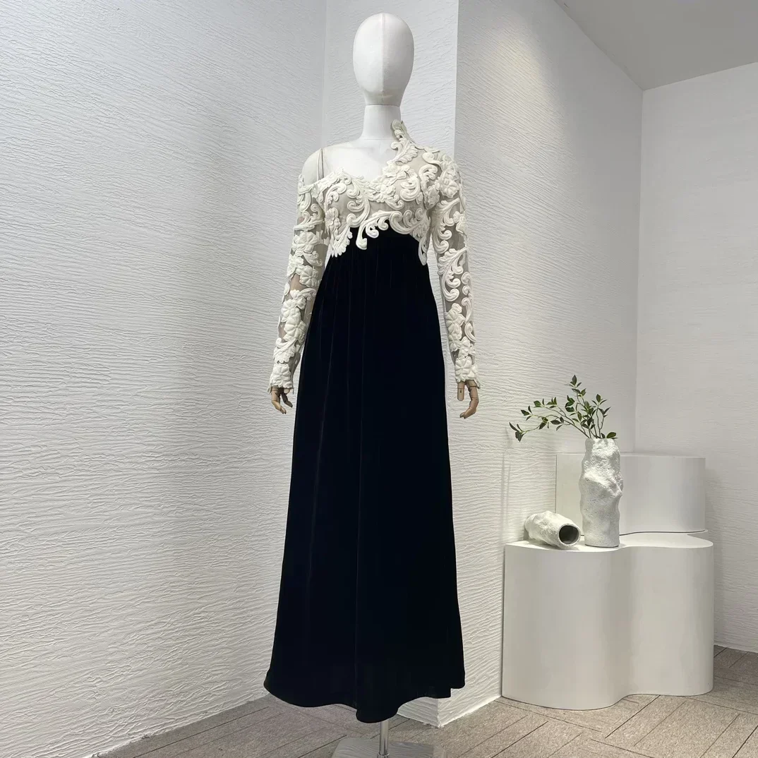 

Новинка 2023, высокое качество, винтажное роскошное кружевное лоскутное платье с вырезами на плечах и длинным рукавом, женское черное платье миди для отдыха