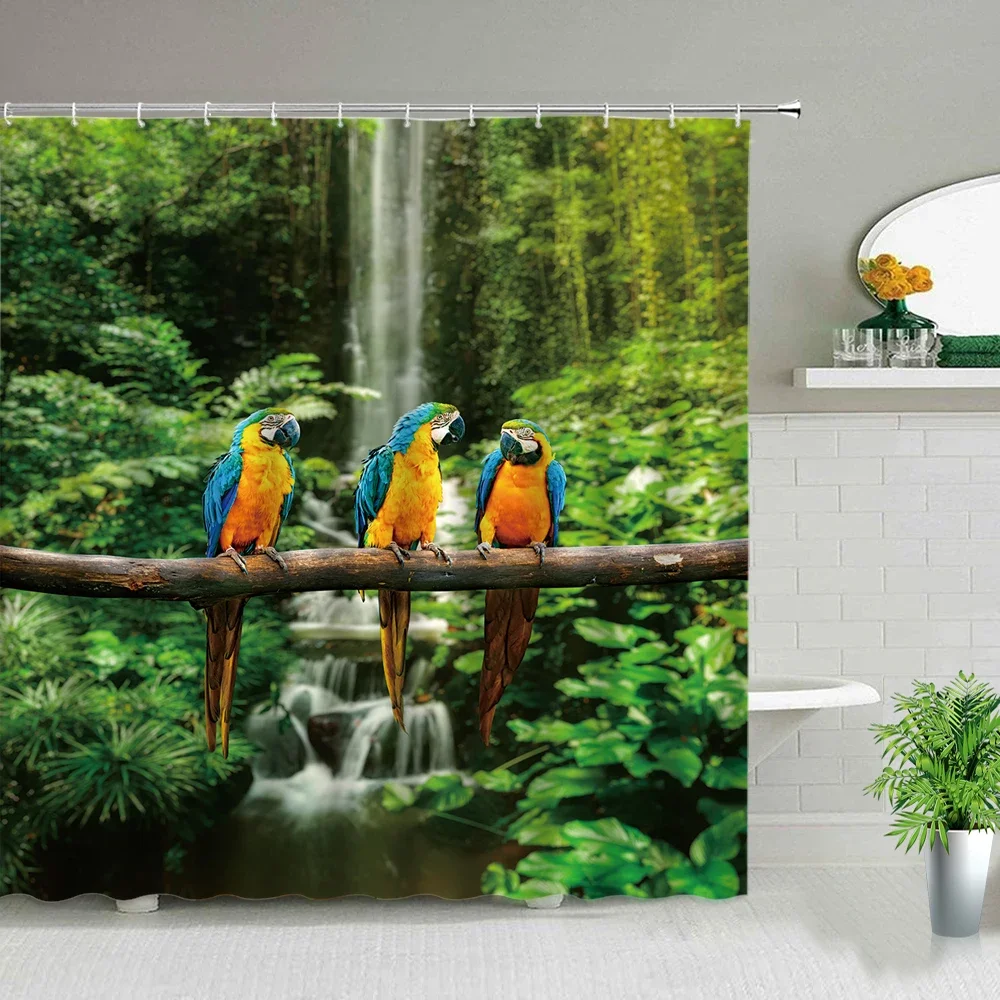 

Tropical Jungle Parrot Waterfall Scenery Shower Curtains Palm Tree Ocean Sandy Beach Bird Landscape Bathroom Decor Cloth Curtain