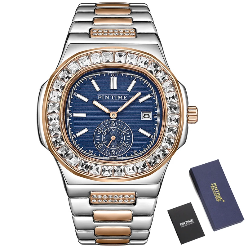 

PINTIME Men Luxury Full Diamond Stone Case Side Hip Hop Rhinestone Watches Wristwatch Male Iced Out Gold Dial Clock Quartz Watch