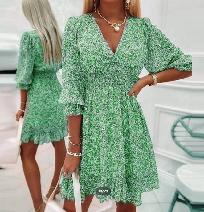 Blue green red yellow flower print casual dress Women retro 3/4 sleeve v-neck hem ruffle A-line knee-length dress
Blue green red yellow flower print casual dress Women retro 3/4 sleeve v-neck hem ruffle A-line knee-length dress