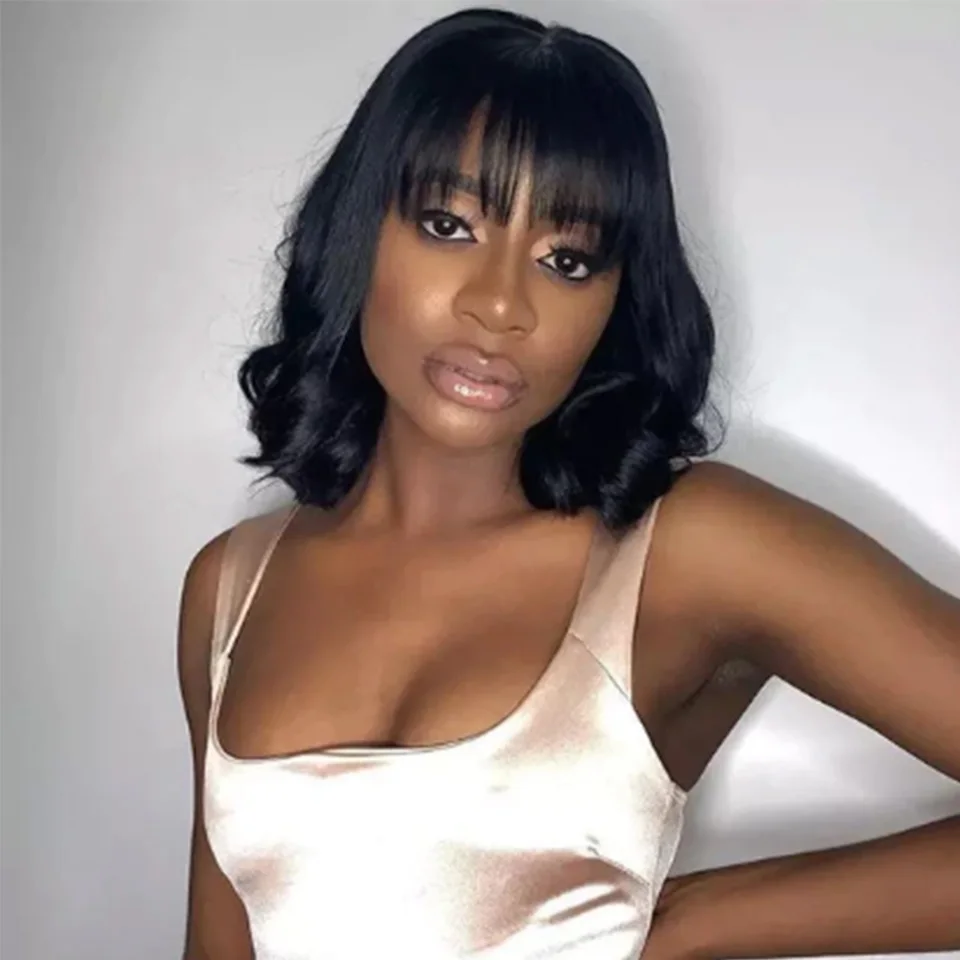 

Bangs Short Bob Wigs With Brazilian Body Deep Wave Natural Remy Human Hair Wig Full Machine Made Glueless Wigs For Black Rebecca