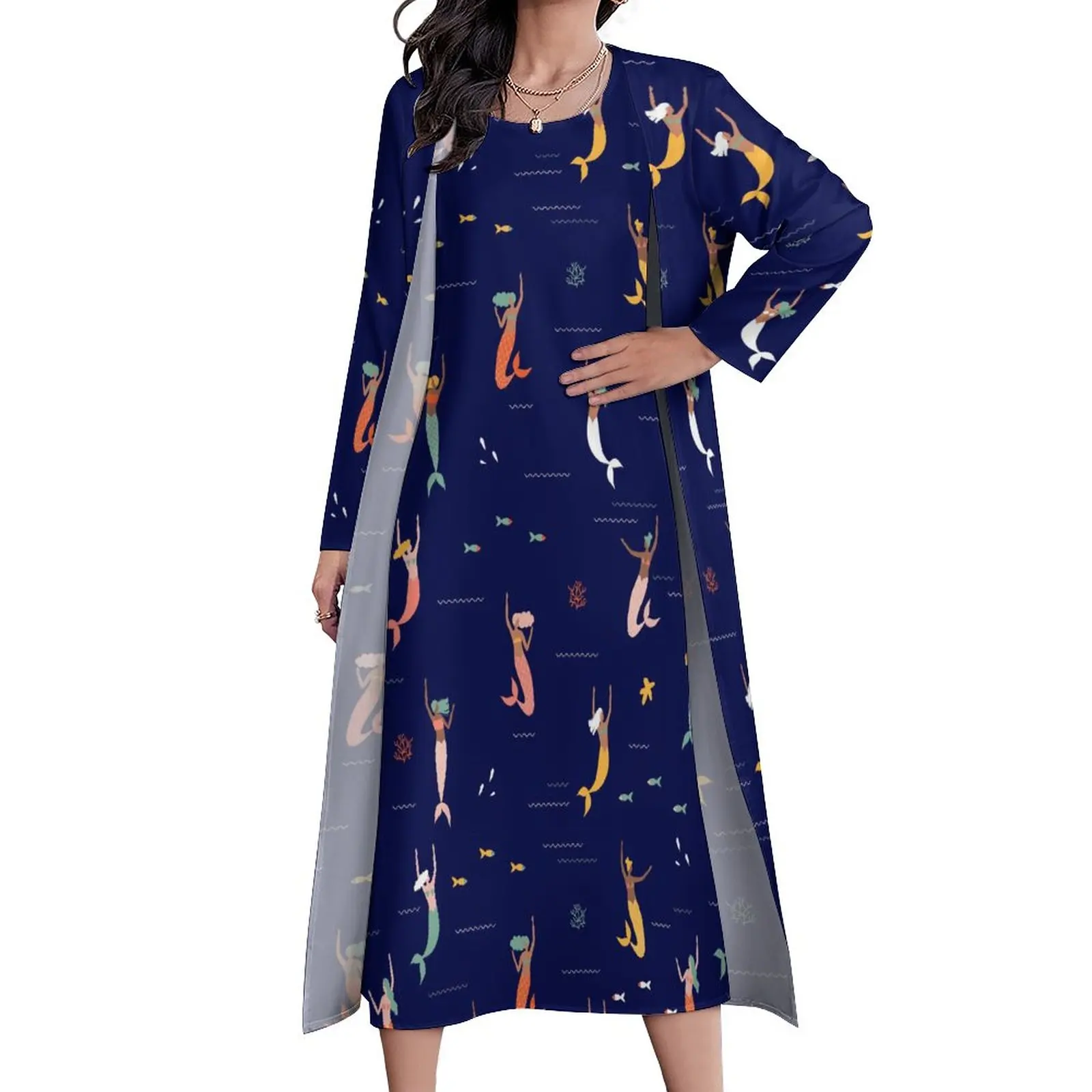 

Cartoon Mermaid Dress Two Piece Mermaids Playing In The Sea Street Wear Casual Long Dresses Womens Vintage Maxi Dress Gift Idea